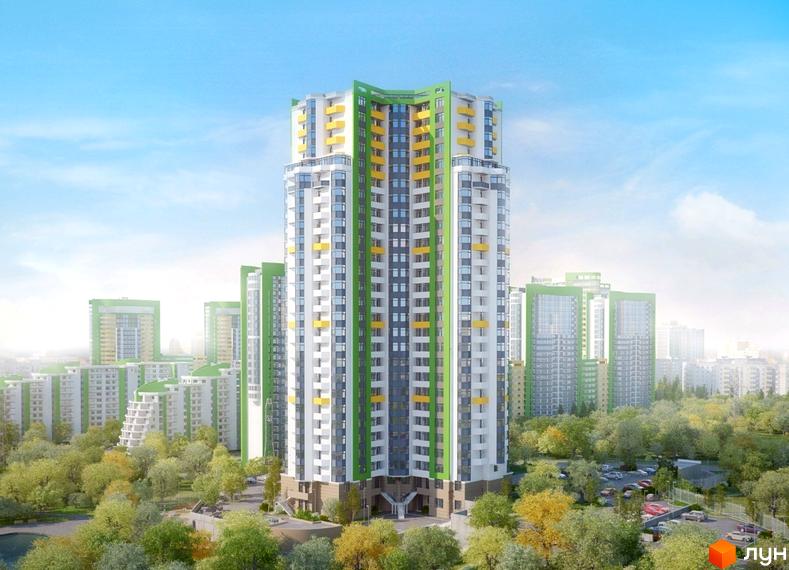 Зовнішній вигляд житлового комплексу Паркова Вежа з зеленими та білими фасадами, жовтими балконами та прибудинковою територією з деревами та автомобілями. Новобудова з багатоповерховими будинками.