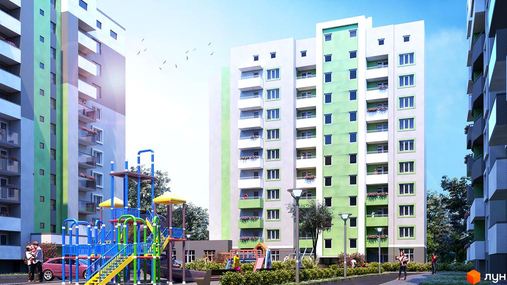 Житловий комплекс Еко-дім на Тракті 3. Будинки світло-зеленого та сірого кольорів з балконами, на території облаштовано дитячий майданчик та озеленення.