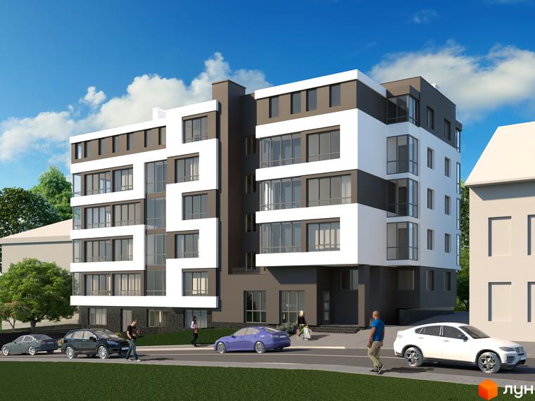 Новобудова на вулиці Пасічна, 25а. Зовнішній вигляд будівлі з білими та сірими фасадами, великими вікнами, та прибудинкова територія з автомобілями та зеленими насадженнями.