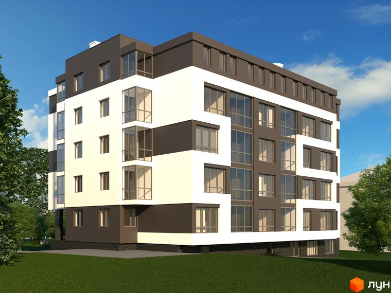 Зовнішній вигляд новобудови на вул. Пасічна, 25а, з білими та сірими фасадами, великими вікнами та зеленим газоном перед будинком.