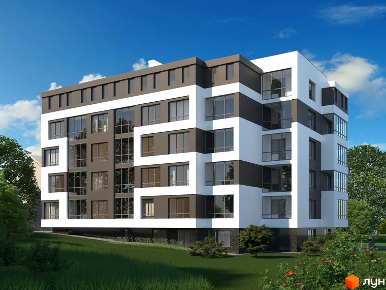 Зображення фасаду та прибудинкової території Житлового комплексу на вулиці Пасічна, 25а. Багатоповерховий будинок з великими вікнами та зеленим газоном.