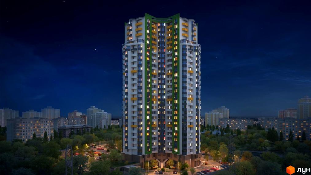 Паркова Вежа - висотна новобудова з яскравими фасадами вночі. Навколо комплексу розташовані дерева та освітлена парковка з автомобілями.