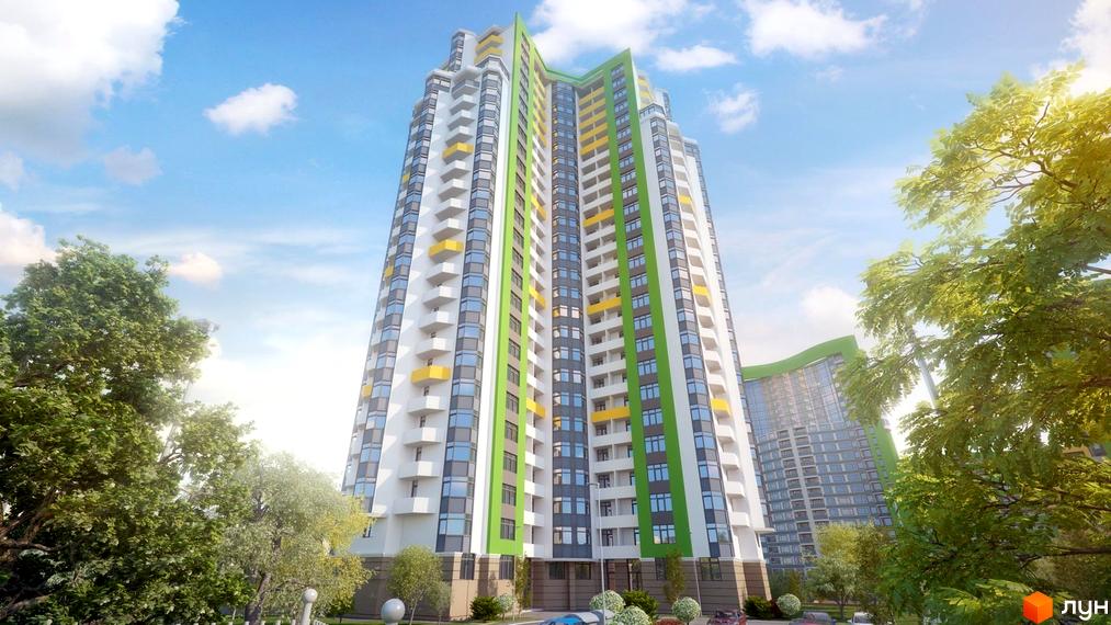 Паркова Вежа - це житловий комплекс з яскравим фасадом, що складається з білих, сірих та зелених секцій, з жовтими акцентами на балконах. Навколо будівлі розташовані дерева та зелені насадження.