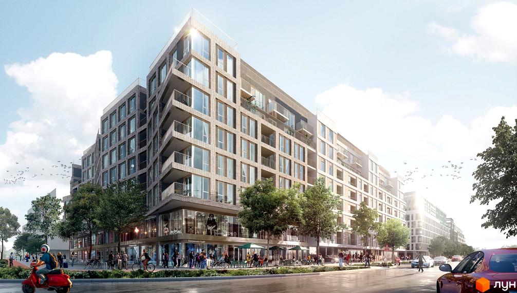 Багатоповерховий будинок Житлового району Rybalsky з цегляним фасадом та балконами. На першому поверсі комерційні приміщення, поруч дерева та люди.