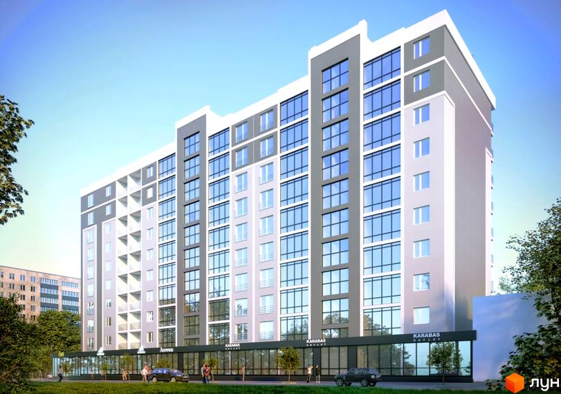 Висотна новобудова ЖК Фортеця з великими вікнами та комерційними приміщеннями на першому поверсі. Біля будинку є зелена зона з деревами та тротуаром.