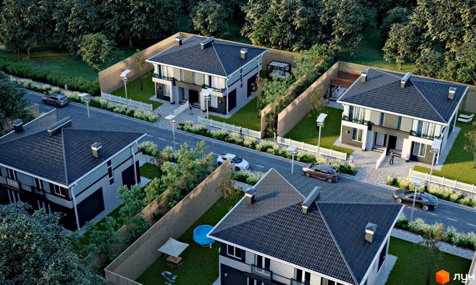 Дуплекси Grand Residence 3: двоповерхові будинки з темними дахами та світлими фасадами, оточені зеленими газонами, дорогою та деревами.