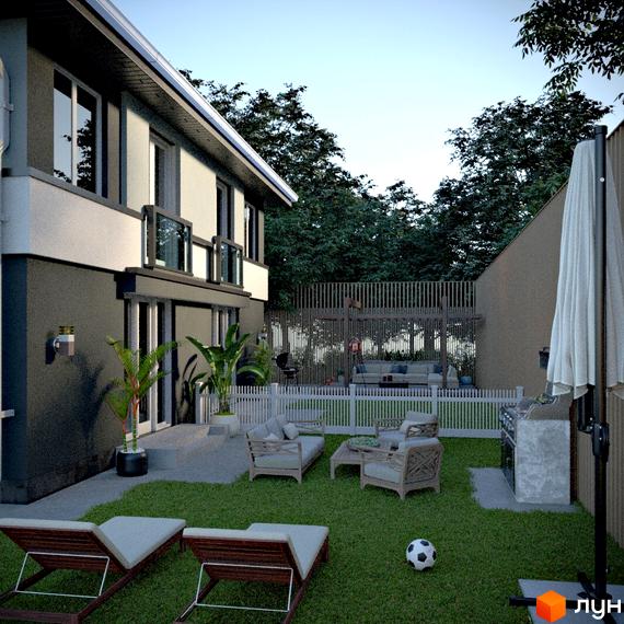 Дуплекс Grand Residence 3: двоповерховий будинок з темно-сірим фасадом, великі вікна. На подвір'ї зелений газон, меблі для відпочинку та гриль.
