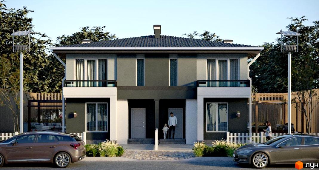 Дуплекси Grand Residence 3: фасад двоповерхового будинку з балконами, перед яким розташовані автомобілі та доглянута прибудинкова територія.