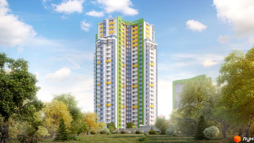 Паркова Вежа - висотна новобудова з яскравим фасадом, що складається з білих, сірих, жовтих та зелених секцій. Навколо комплексу розташований зелений парк з деревами та газоном.