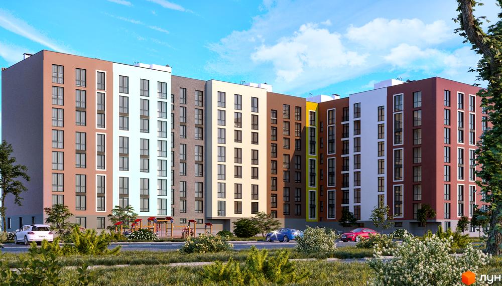 Житловий комплекс Київський з сучасними фасадами. Прибудинкова територія з зеленими насадженнями та дитячим майданчиком.