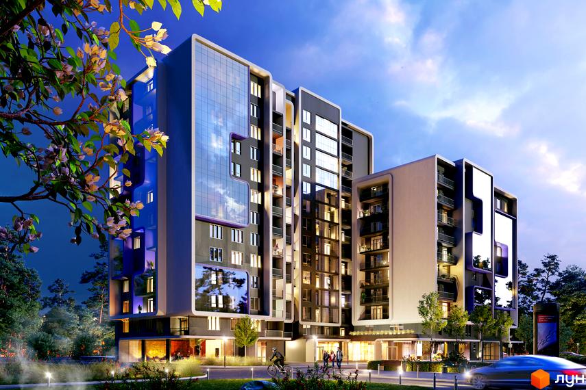 Житловий комплекс Resident Hall з панорамним склінням та балконами, оточений деревами та освітленими алеями.