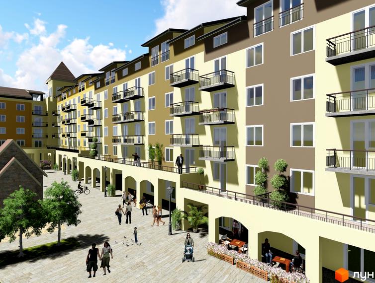 Житловий комплекс Lemberg з фасадами жовтого та коричневого кольорів, балконами та прибудинковою територією з пішохідними зонами та деревами.