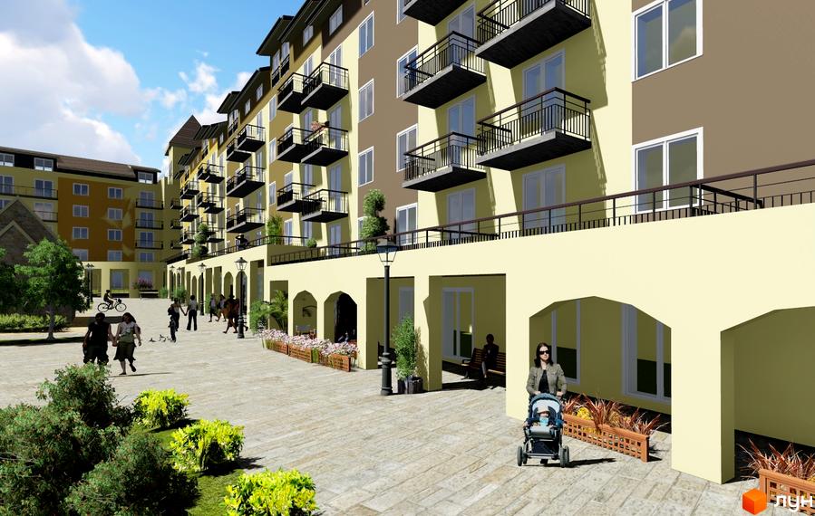 Зовнішній вигляд житлового комплексу Lemberg з балконами та аркадами. Прибудинкова територія з пішохідними доріжками та зеленими зонами.