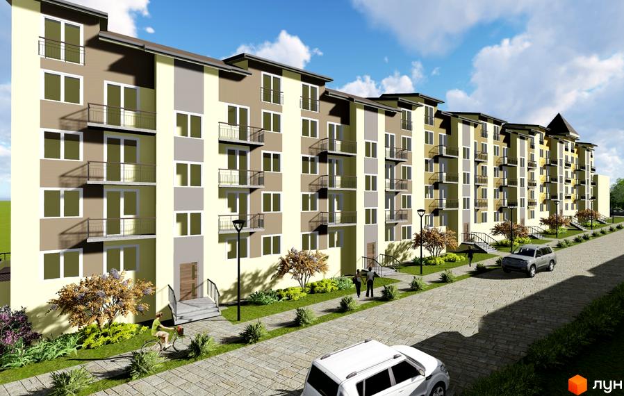 Зовнішній вигляд новобудови ЖК Lemberg з балконами та вікнами. Прибудинкова територія з дорогою, автомобілями та пішоходами.