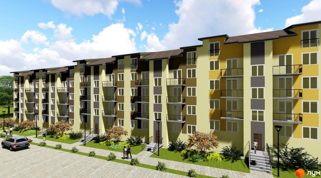 Зовнішній вигляд житлового комплексу Lemberg з фасадами жовтого та сірого кольорів, балконами та вікнами. На прибудинковій території розташовані дерева, кущі та доріжки.