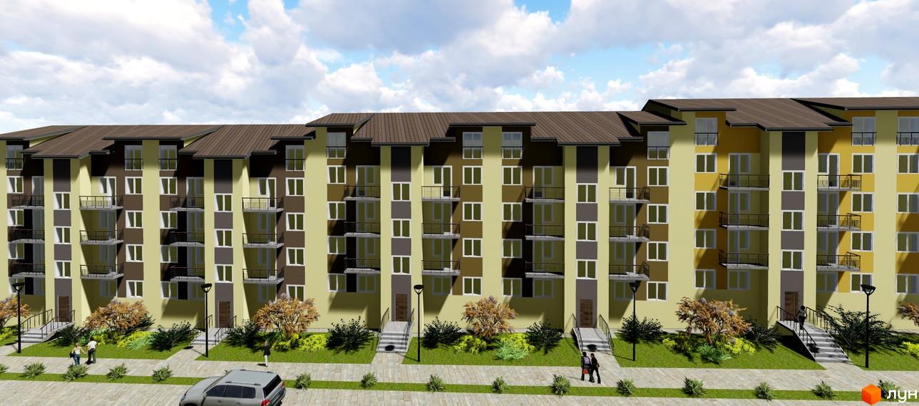 Зовнішній вигляд новобудови ЖК Lemberg з балконами та вікнами. Прибудинкова територія з доріжками, деревами та людьми.