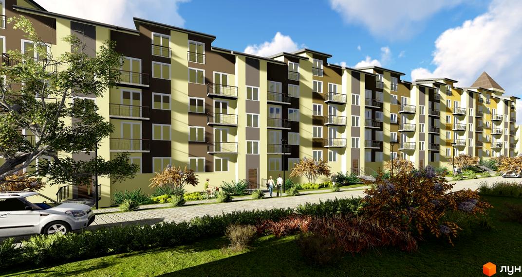 Зовнішній вигляд житлового комплексу Lemberg з фасадом у смужку та балконами. Поруч зелена прибудинкова територія з деревами, кущами та доріжками.