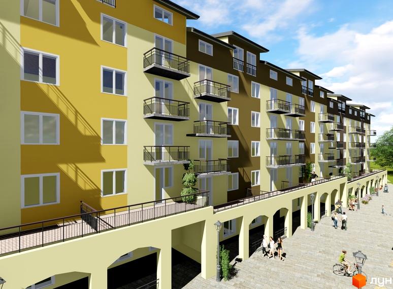 Житловий комплекс Lemberg: фасади будівель в жовтих та коричневих тонах з балконами, прибудинкова територія з арками та пішохідною зоною.