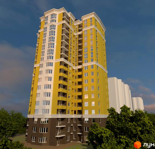 Житловий комплекс Велесгард: жовтий багатоповерховий будинок з білими елементами та балконами. Навколо будинку зелені дерева.