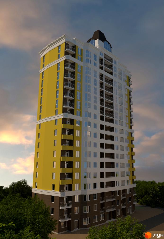 Житловий комплекс Велесгард – висотна новобудова з жовтими та білими фасадами, балконами та великою кількістю вікон. Навколо будівлі зелені дерева.