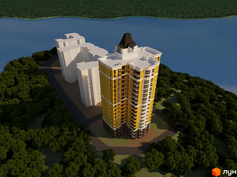 Житловий комплекс Велесгард: жовта багатоповерхівка з білими елементами та балконами, розташована серед зелених дерев біля водойми.