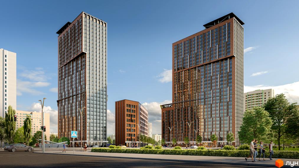 Житловий комплекс SOLAR CITY. Високі будинки з цегляним фасадом та панорамним склінням. На прибудинковій території зелені насадження та тротуари.