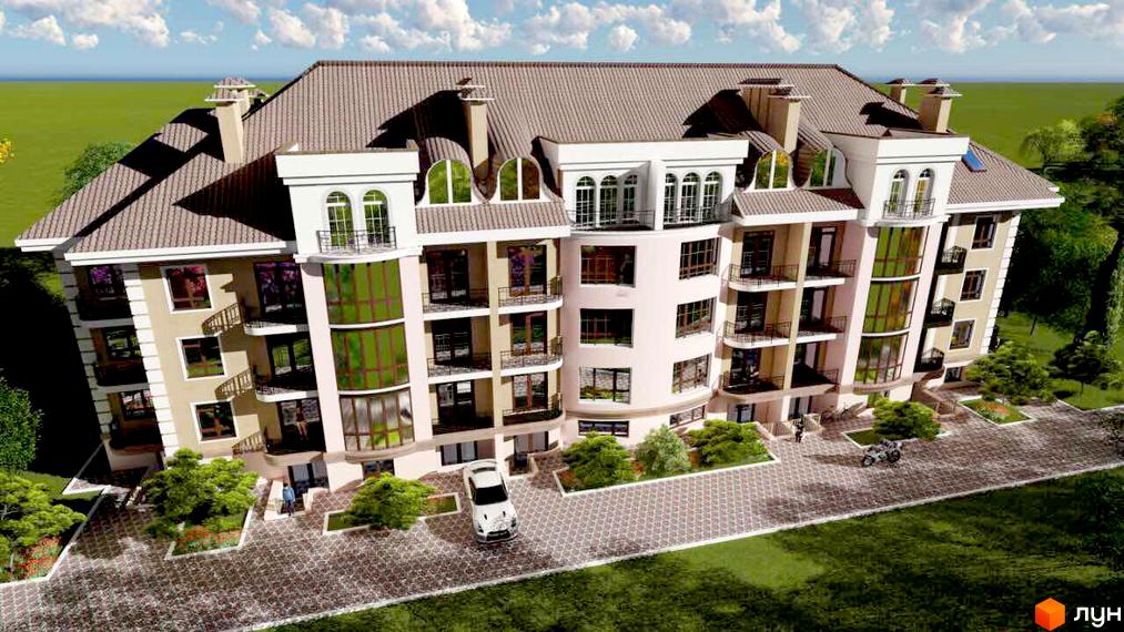 Зовнішній вигляд житлового комплексу Гранд Парк з балконами та великими вікнами. Прибудинкова територія з доріжками, деревами та автомобілем.