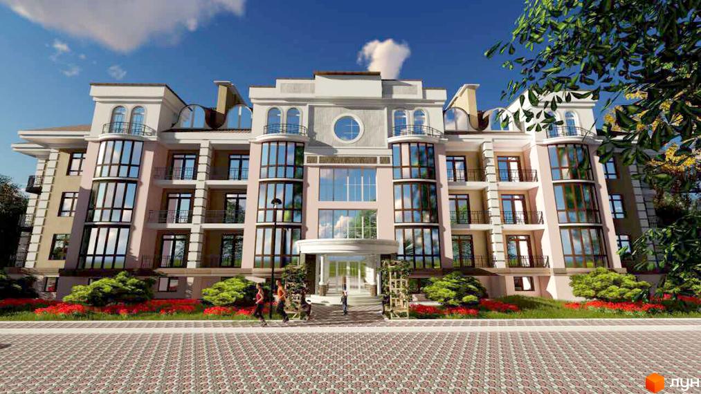 Фасад житлового комплексу Гранд Парк у світлих тонах з великими вікнами та балконами. Навколо будинку зелені насадження та клумби з червоними квітами.