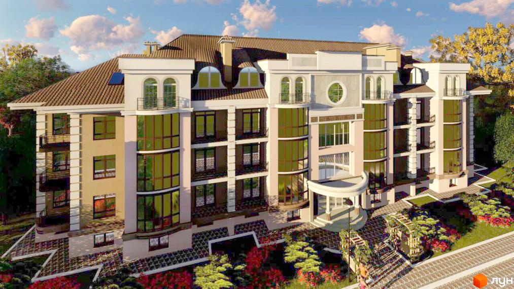 Житловий комплекс Гранд Парк – це багатоповерхова новобудова з вигнутими фасадами та балконами. Територія навколо будинку озеленена, з доріжками та декоративними рослинами.