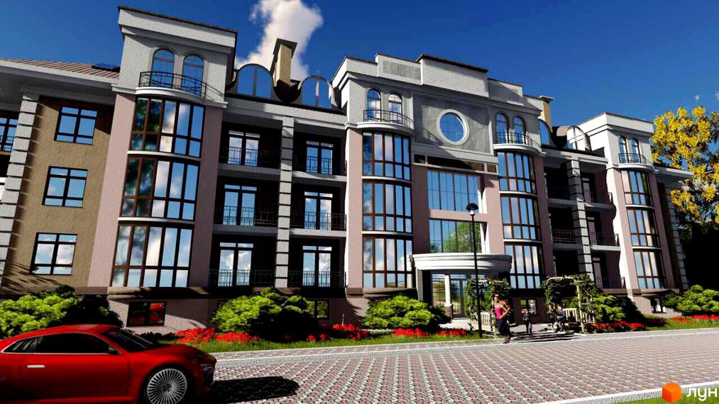 Фасад житлового комплексу Гранд Парк з великими вікнами та балконами, перед ним розташована доглянута прибудинкова територія з кущами та квітами.