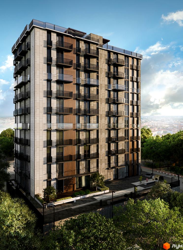 Житловий комплекс Бісквітний – це висотна новобудова з балконами та панорамними вікнами, що розташована серед зеленої зони.