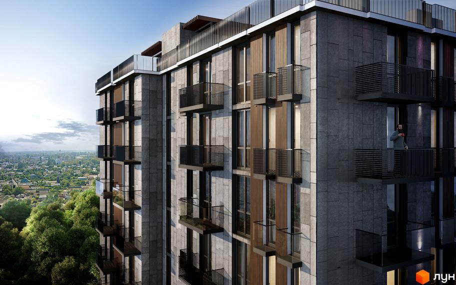 Зовнішній вигляд новобудови ЖК Бісквітний з балконами та вікнами, що виходять на зелену зону та місто.