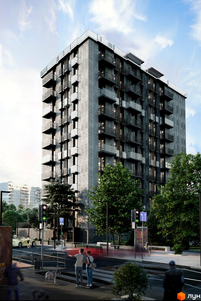 Новобудова ЖК Бісквітний з сірим фасадом та балконами, розташована біля дороги з пішохідним переходом та деревами.