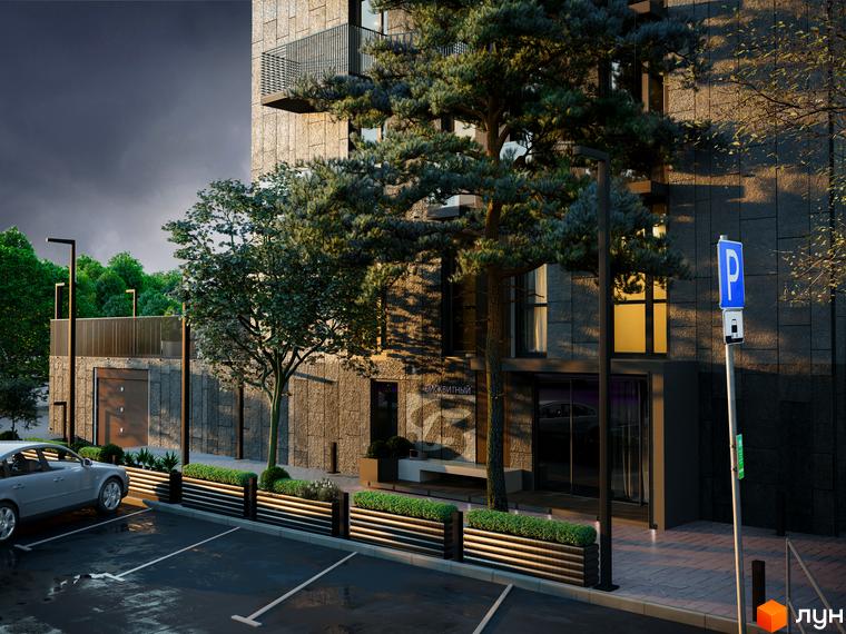 Зовнішній вигляд новобудови ЖК Бісквітний з кам'яним фасадом та прибудинковою територією з парковкою та зеленими зонами.