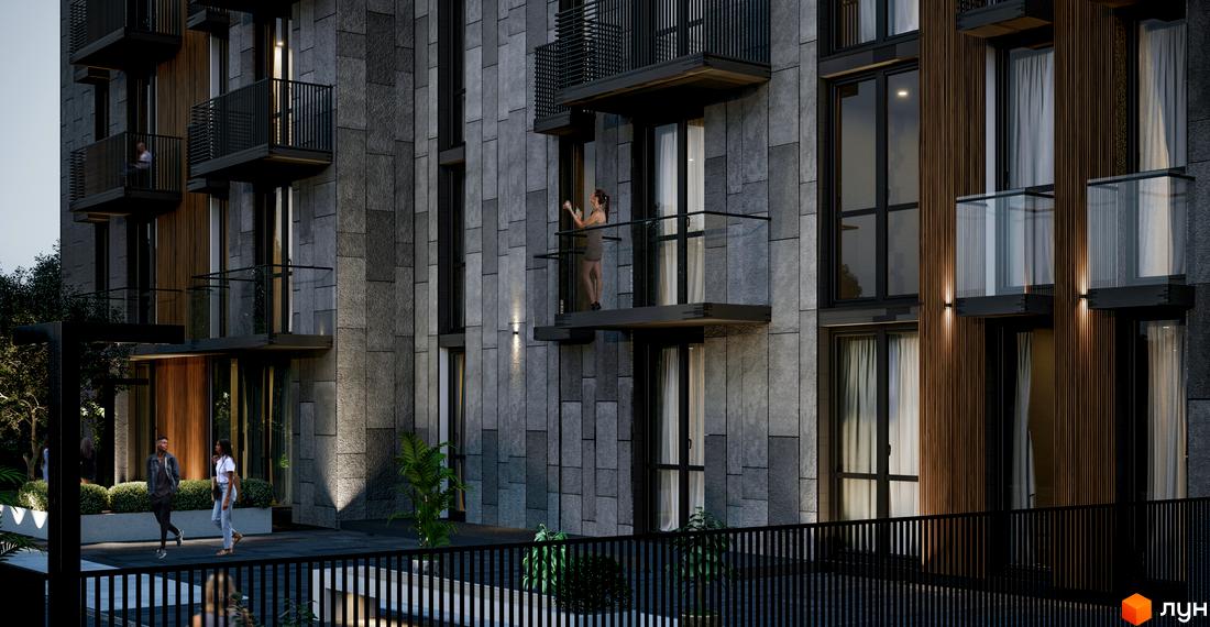 Зовнішній вигляд новобудови ЖК Бісквітний з балконами та дерев'яними елементами фасаду. Поруч прибудинкова територія з людьми та рослинністю.