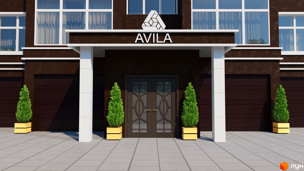 Житловий комплекс Avila Gold. Темно-коричневий фасад будинку з білими вікнами, центральним входом та гаражними воротами. Територія прикрашена зеленими рослинами у жовтих вазонах.