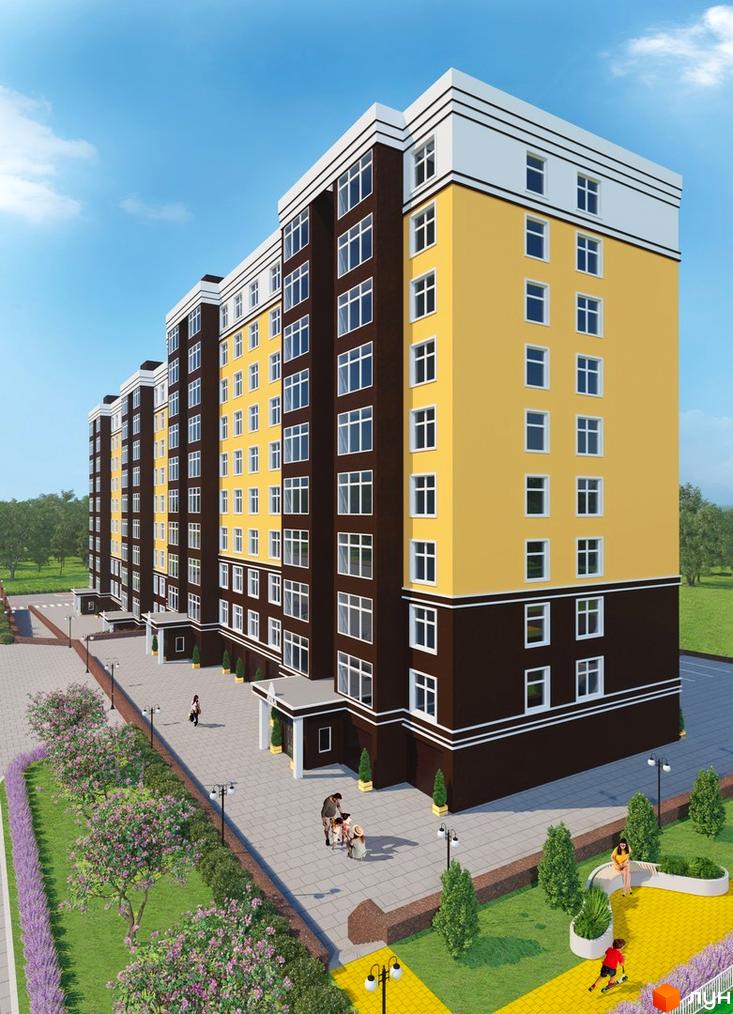 Новобудова Avila Gold з жовто-коричневим фасадом та білим верхнім поверхом. Прибудинкова територія з зеленими насадженнями, доріжками та дитячим майданчиком.