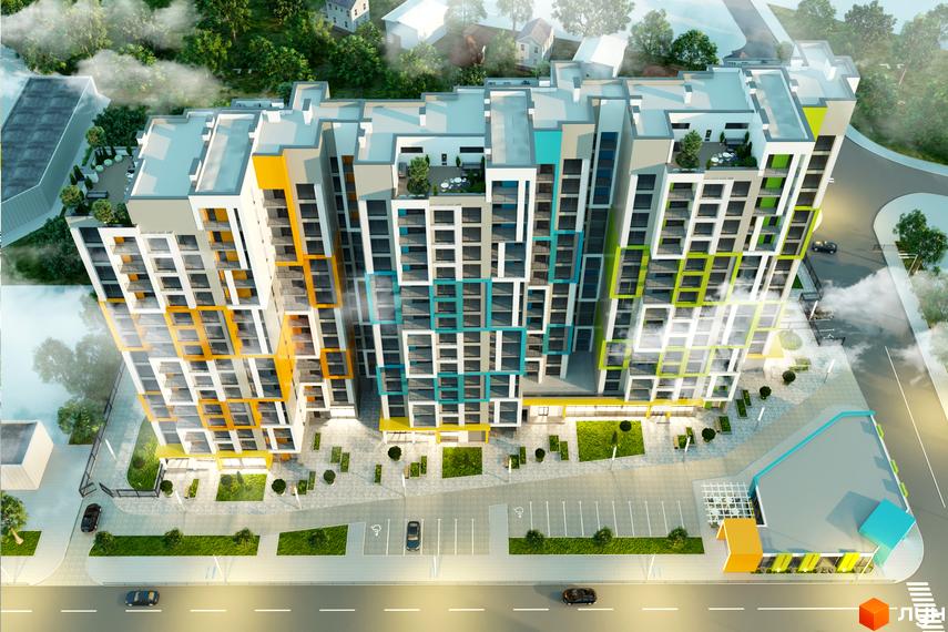 Висотна новобудова ЖК Південний з яскравим фасадом та панорамними вікнами. На прибудинковій території є парковка, зелені насадження та дитячий майданчик.