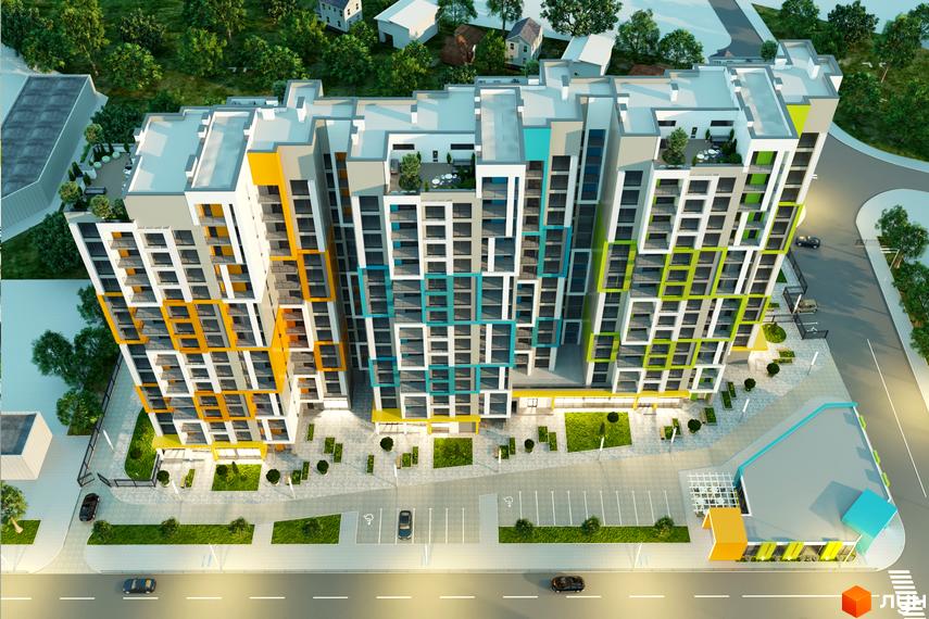 Висотна новобудова ЖК Південний з яскравим фасадом. На прибудинковій території – парковка, зелені насадження та зона відпочинку.