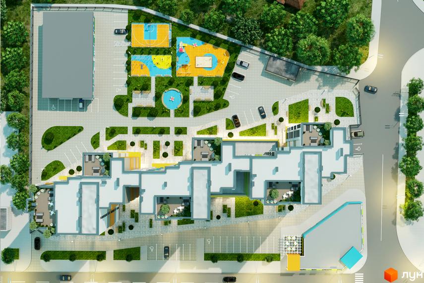 Вид зверху на житловий комплекс Південний з дитячими майданчиками, спортивними зонами та місцями для відпочинку. Територія комплексу озеленена та має паркувальні місця.