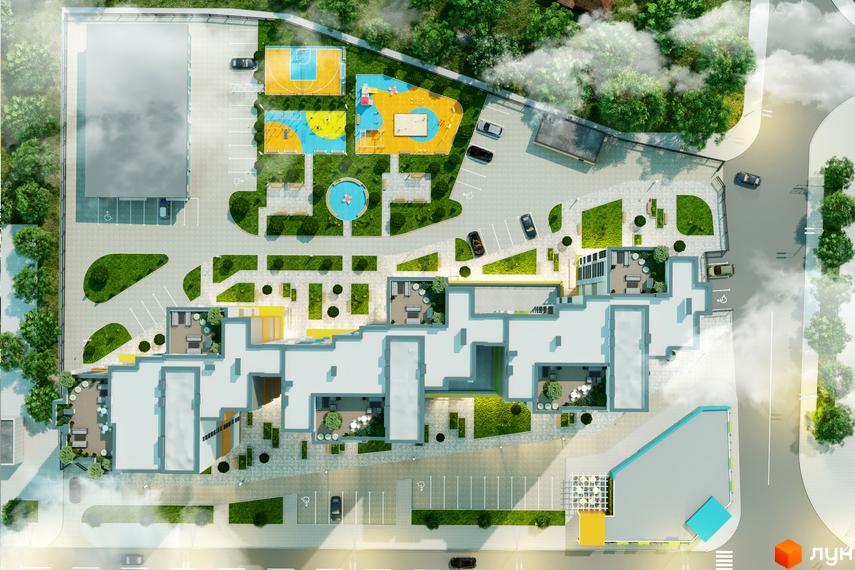 Вид зверху на житловий комплекс Південний з спортивними майданчиками, дитячою зоною та зонами відпочинку. На території комплексу розташовані багатоквартирні будинки з терасами та зелені зони.