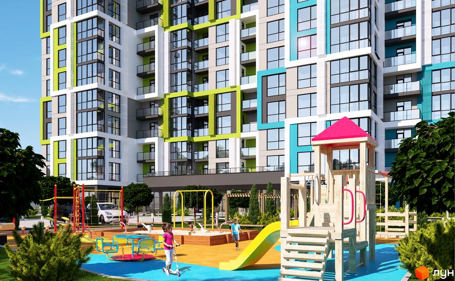Житловий комплекс Південний: яскрава фасадна архітектура та сучасний дитячий майданчик з гіркою та гойдалками.