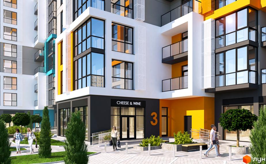 Зовнішній вигляд новобудови ЖК Південний з яскравими фасадами та скляними балконами. Прибудинкова територія з зеленими насадженнями та пішохідними доріжками.