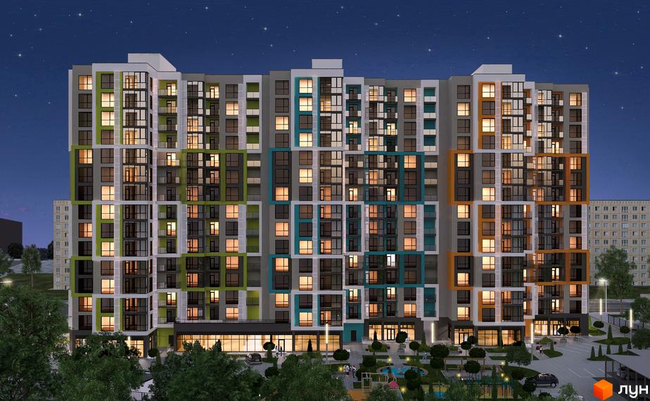 Житловий комплекс Південний – це багатоповерхова новобудова з яскравими фасадами та численними вікнами, розташована на тлі нічного неба. Територія навколо будинку озеленена деревами та має дитячий майданчик.