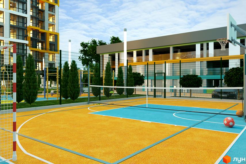 Житловий комплекс Південний: багатоповерховий будинок з жовтими елементами та спортивним майданчиком з покриттям жовтого та блакитного кольорів, баскетбольним кільцем та тенісною сіткою.