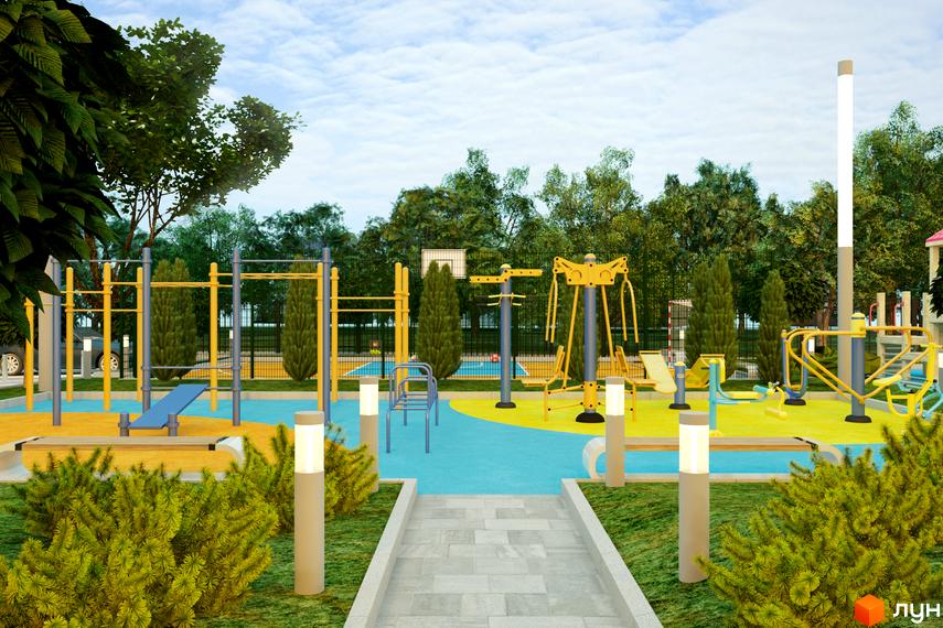 Зображення дитячого майданчика в ЖК Південний. На території комплексу розташовані спортивні тренажери та зони відпочинку.