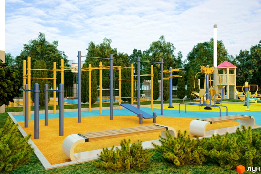 Житловий комплекс Південний: сучасний дитячий майданчик та спортивна зона з тренажерами на відкритому повітрі. Зелена прибудинкова територія з деревами та кущами.