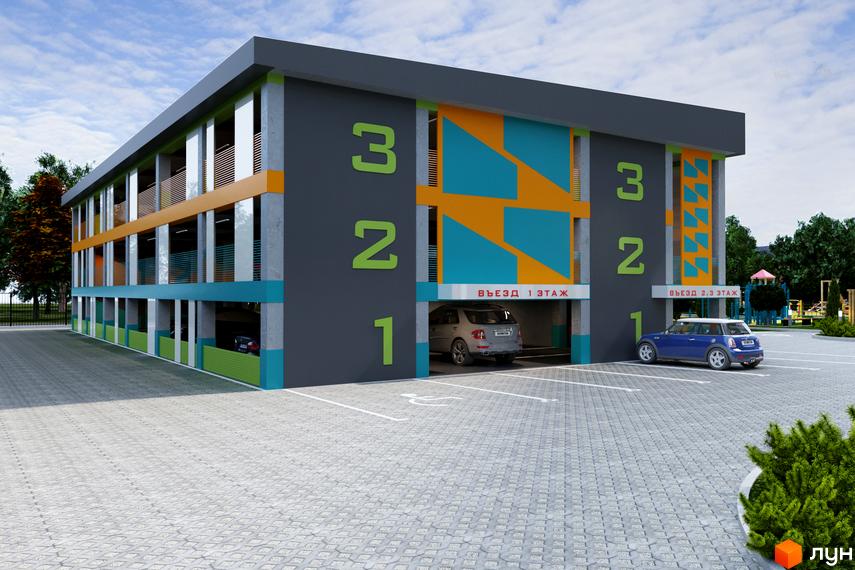 Багатоповерховий паркінг житлового комплексу з номерами поверхів. На території є паркомісця для автомобілів та зелені насадження.