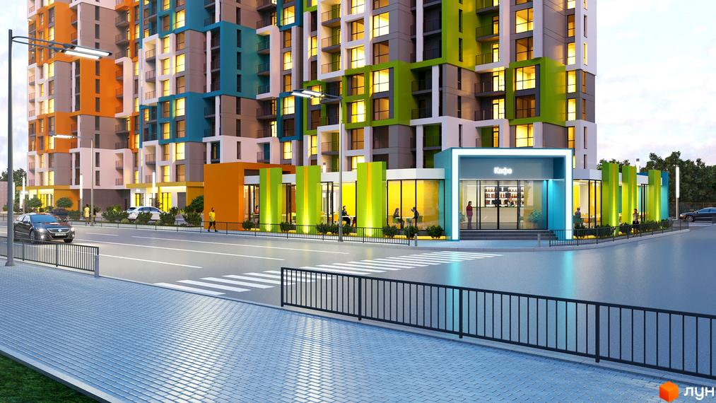 Зовнішній вигляд новобудови ЖК Південний з яскравими фасадами та кафе на першому поверсі. Поруч дорога з пішохідним переходом та огородженою територією.