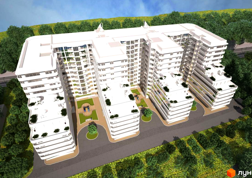 Житловий комплекс Море: багатосекційна біла будівля з терасами та зеленими насадженнями, оточена доглянутими дворами з дитячими майданчиками та деревами.